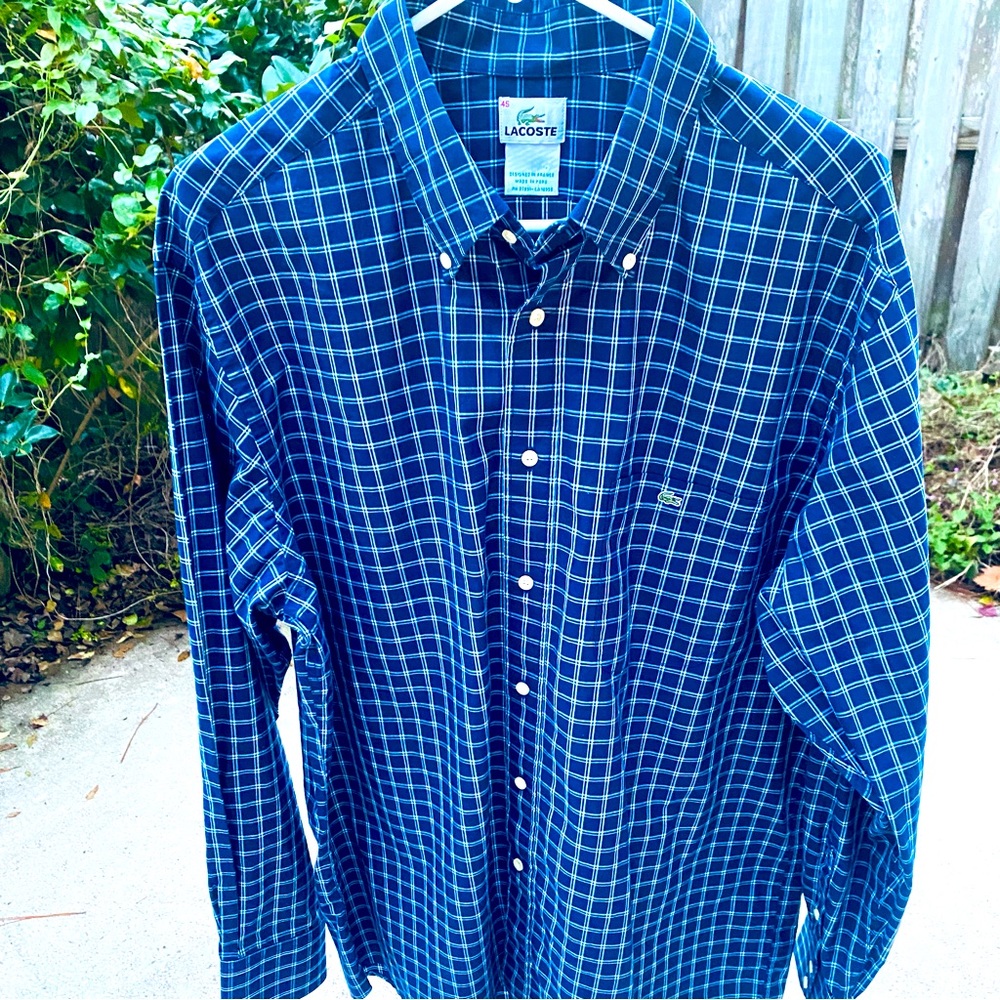 LACOSTE MENS LONG SLEEVE BUTTON DOWN SHIRT SZ45/XXL NAVY BLUE/WHITE SMALL CHECKS - Picture 1 of 10